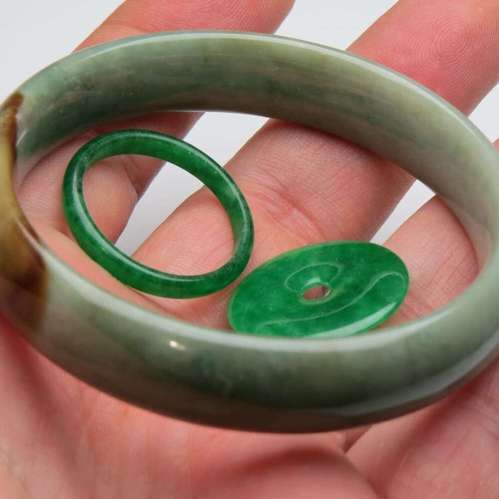 "Natural Jade Bangle + Jade Ring & Donut 57mm"